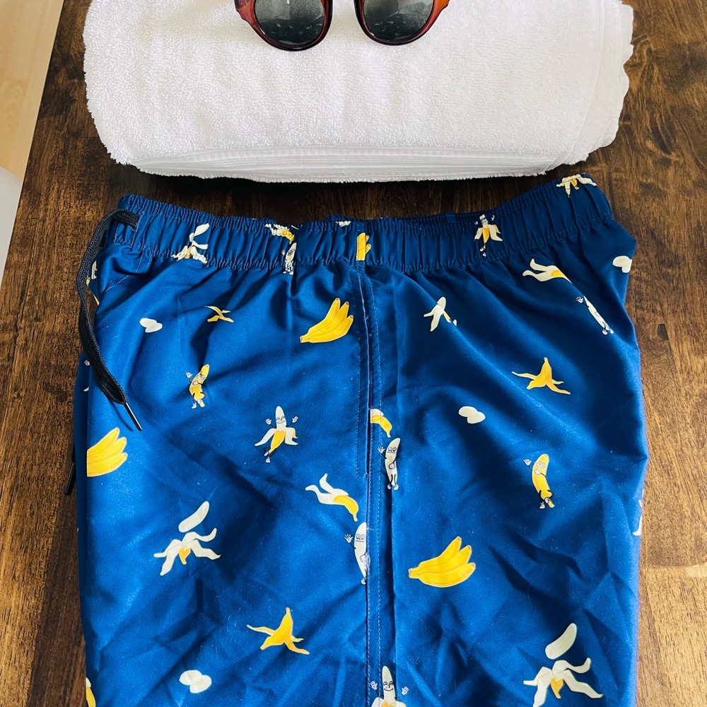 Blue Banana Print Swim Trunks